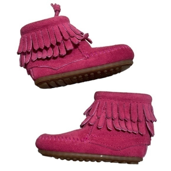 Minnetonka hot pink double fringe boots baby girl size 3 - Picture 5 of 10